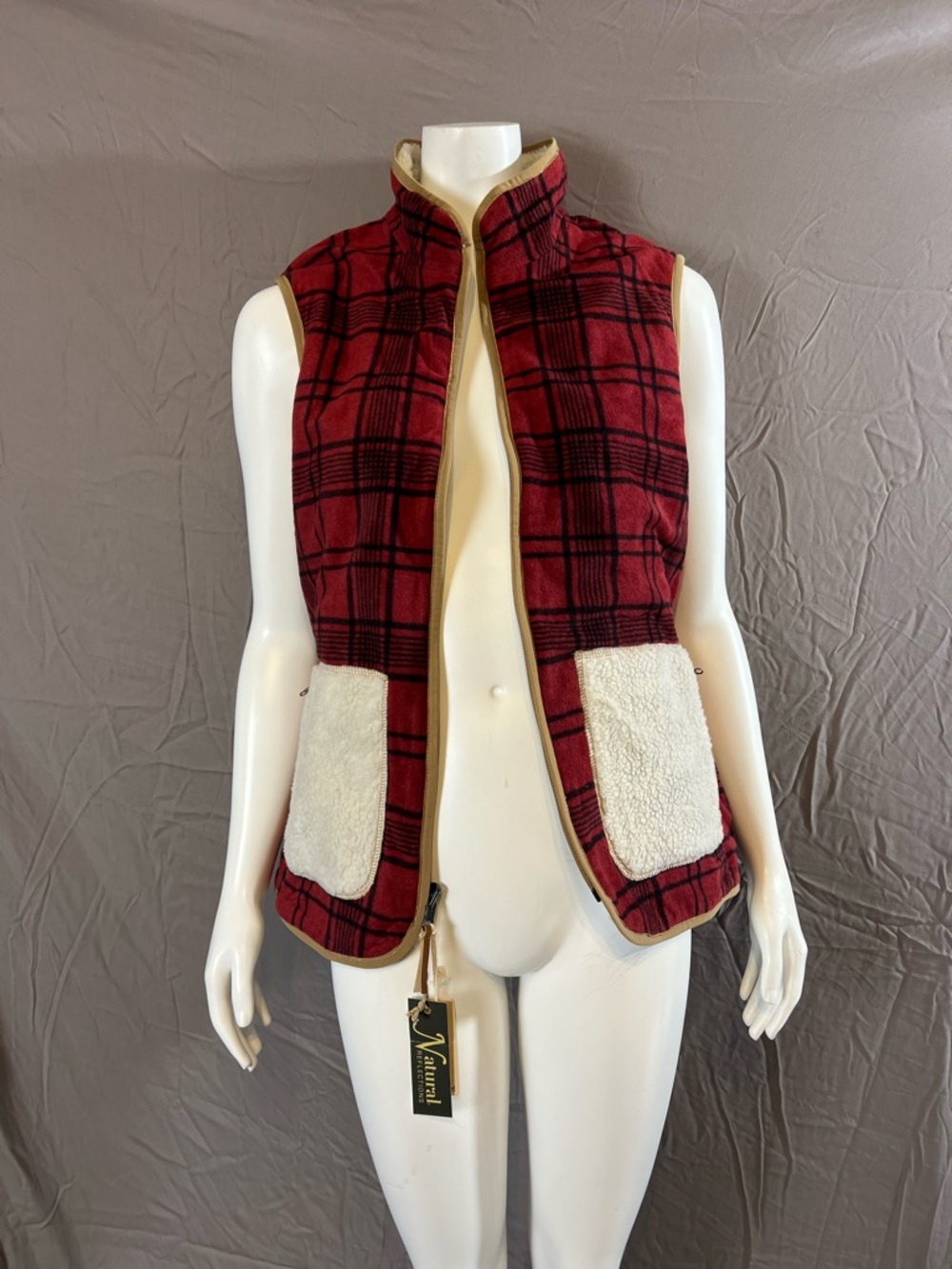 Natural Reflections Red Plaid Sherpa Pocket Vest